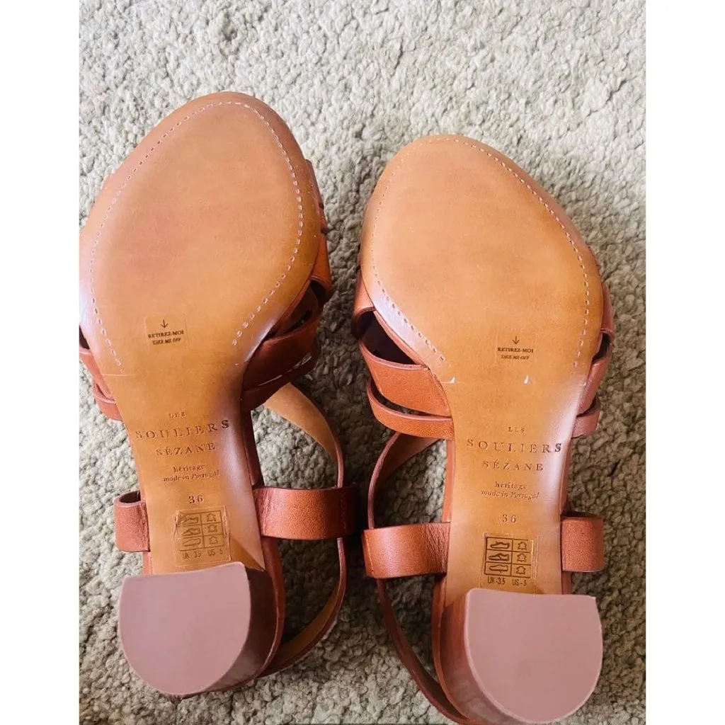 NWOB Sezane Estelle leather sandales brown camel heels36 US5.5 - Image 3
