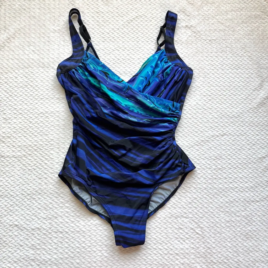 Miraclesuit Kirkland One Piece Swimsuit Size 14 Blue Wrap Tummy Control Slimming - Image 2