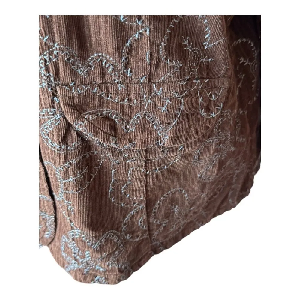 Flax Blazer Women‎ Small Brown Blue Floral Embroidery Corduroy Chore Coat - Image 7