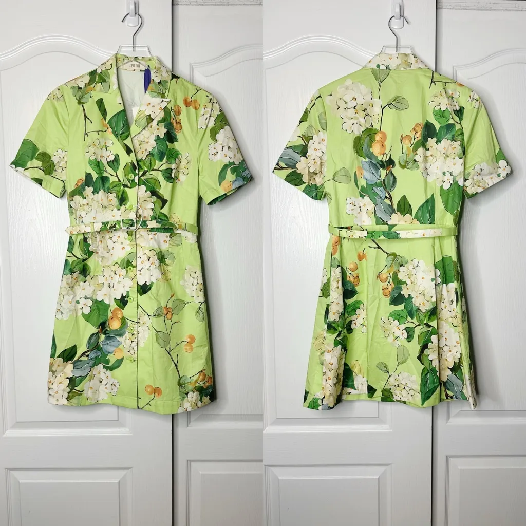 Leo Lin Brigitte Mini Dress Hydrangea Lime Green Belted Cotton Size 6 US NWT - Image 7