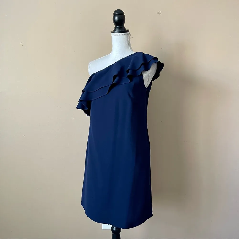 SHOSHANNA | Navy Blue One-Shoulder Ruffle Cocktail Dress Sz 4 - Image 4