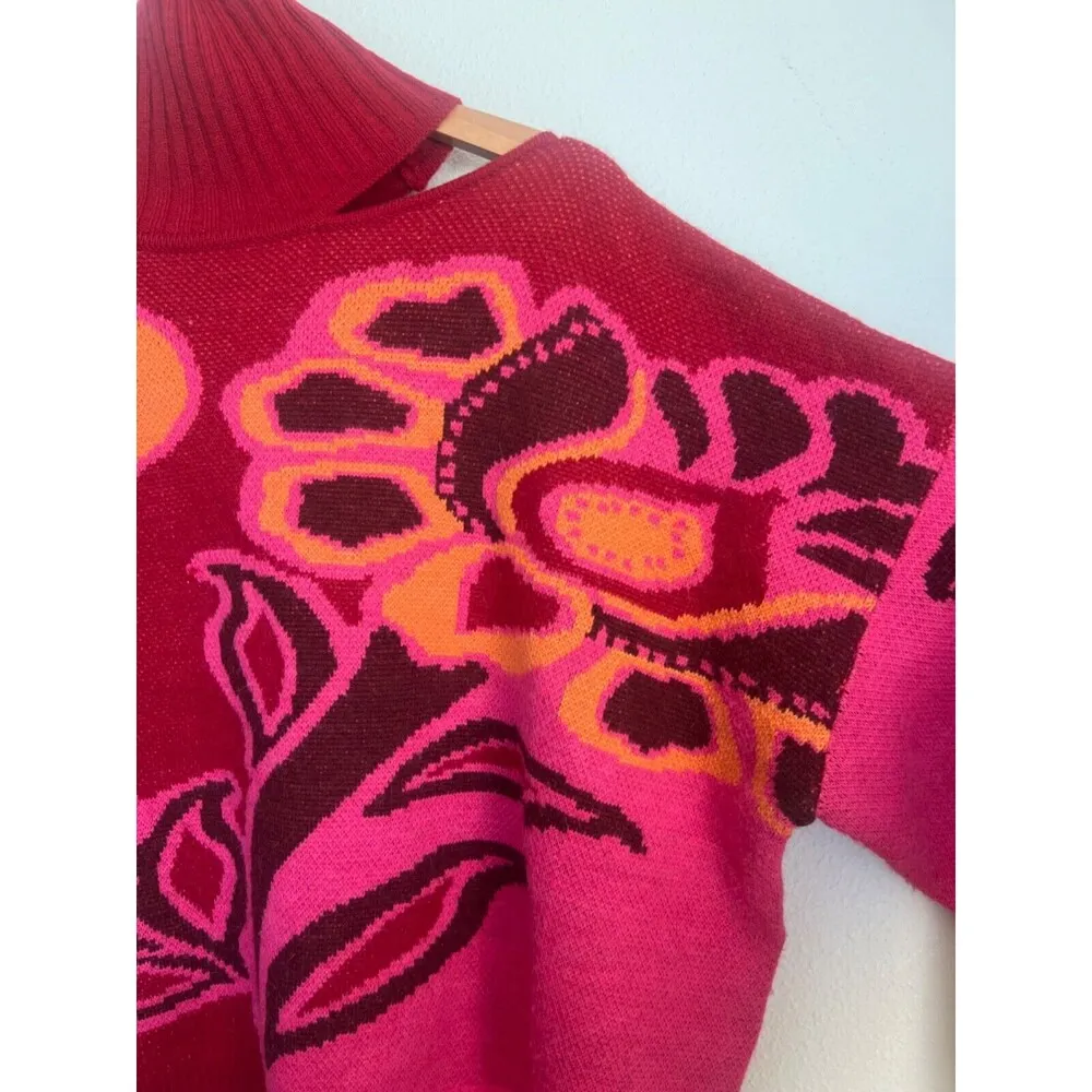 FARM RIO Cutout Asymmetrical Knit Bold Pink Floral Turtleneck Wool Blend Sweater - Image 6