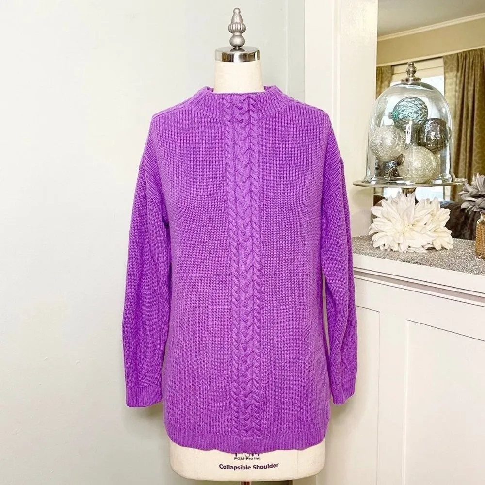 Talbots Wool Cable Knit Mock Neck Sweater Purple Orchid Medium - Image 10