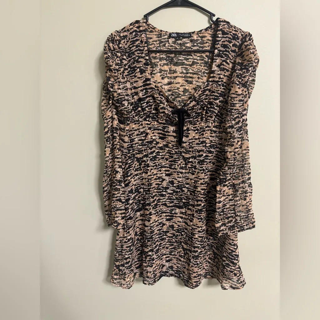 Zara Animal Print Mini Dress Bow Leopard Print Size Small 4-6 Fall Fashion - Image 2