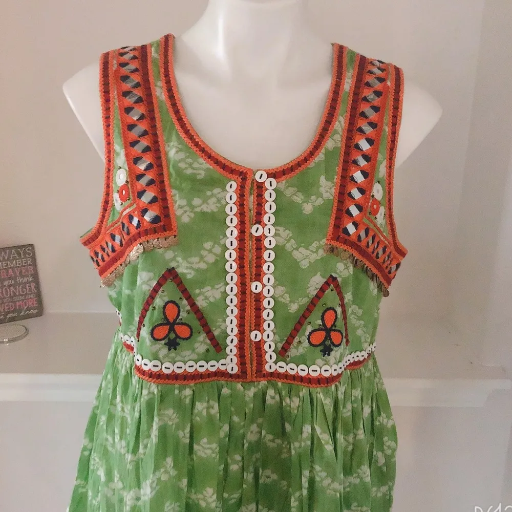 Indigo Moon Top Cotton Tie Dye Tribal Peplum Green White Blouse Size XL - Image 3