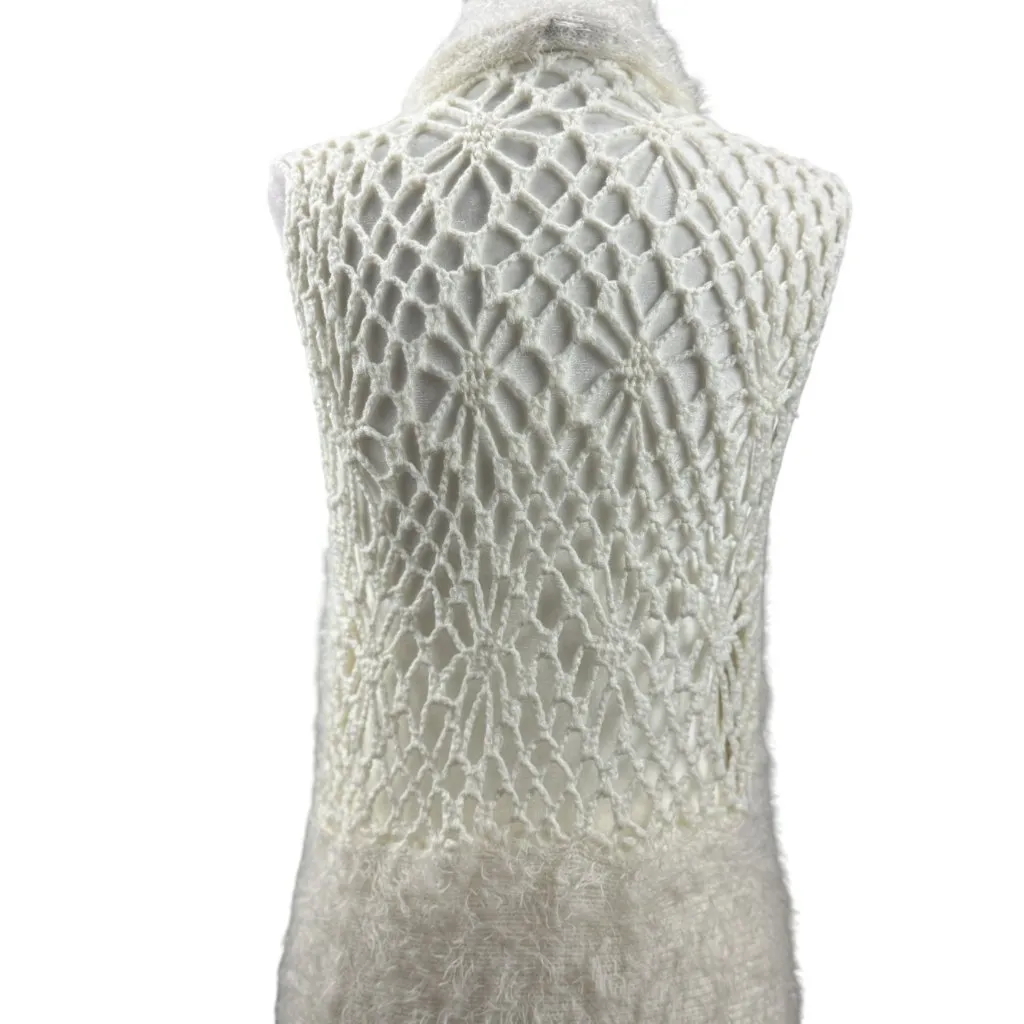 escio Size L Long Knit Vest Ivory With Crochet Back Panel & Asymmetric Hem White Size L - Image 2