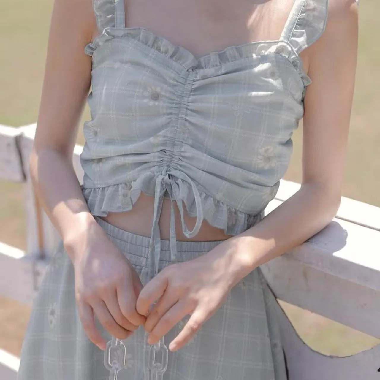 Japanese Daisy Floral Chiffon Princess Top And Skirt Set Blue - Image 2