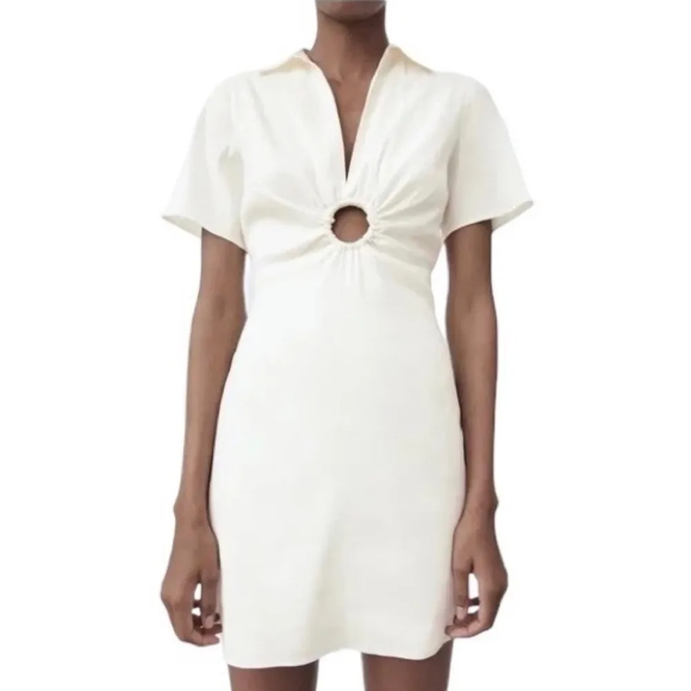 NWT Zara Collared Metal Ring Detail Mini Dress in Oyster White - Image 87