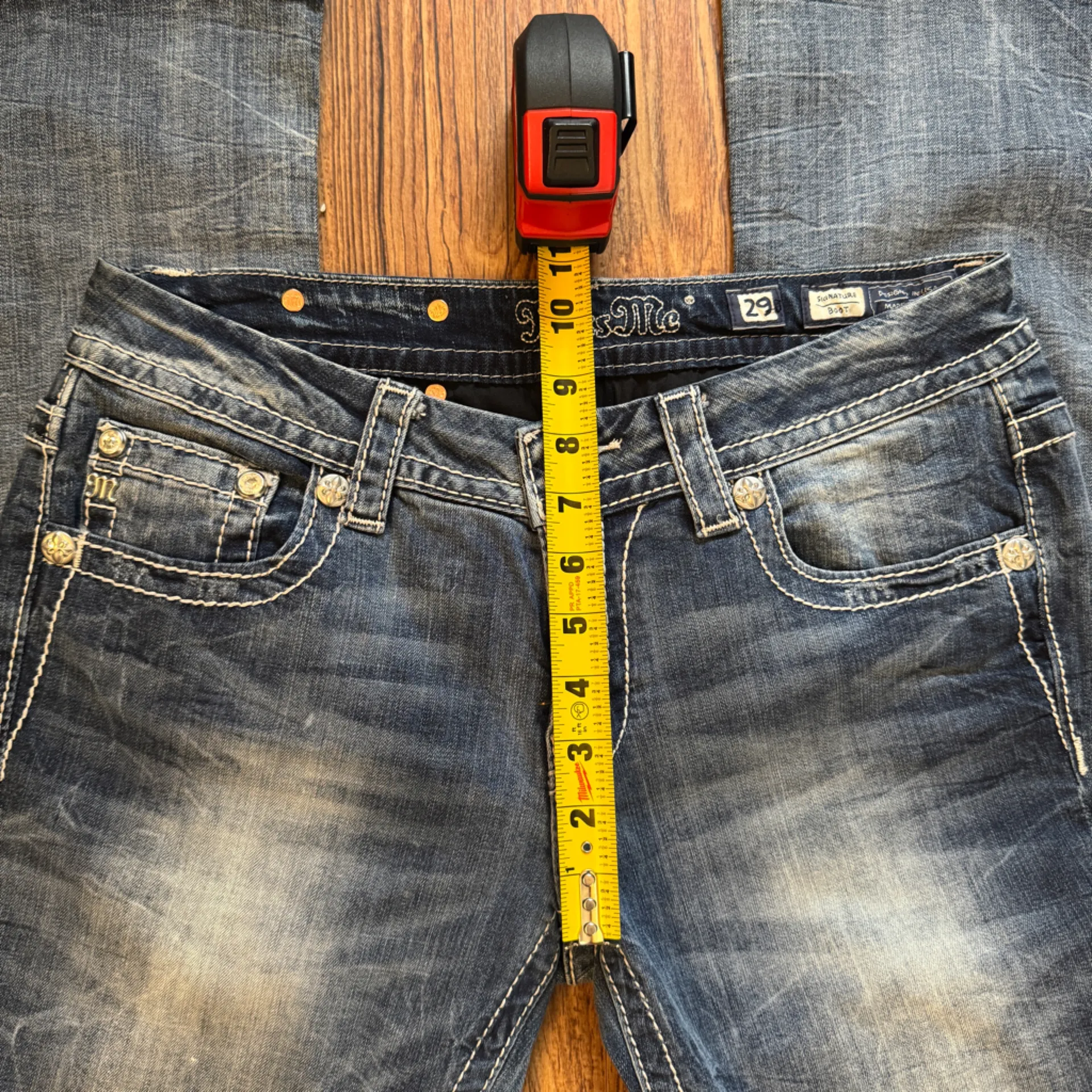 Miss Me Signature Boot Jeans Embellished Embroidered Stone Wash Whisker size 29 - Image 12