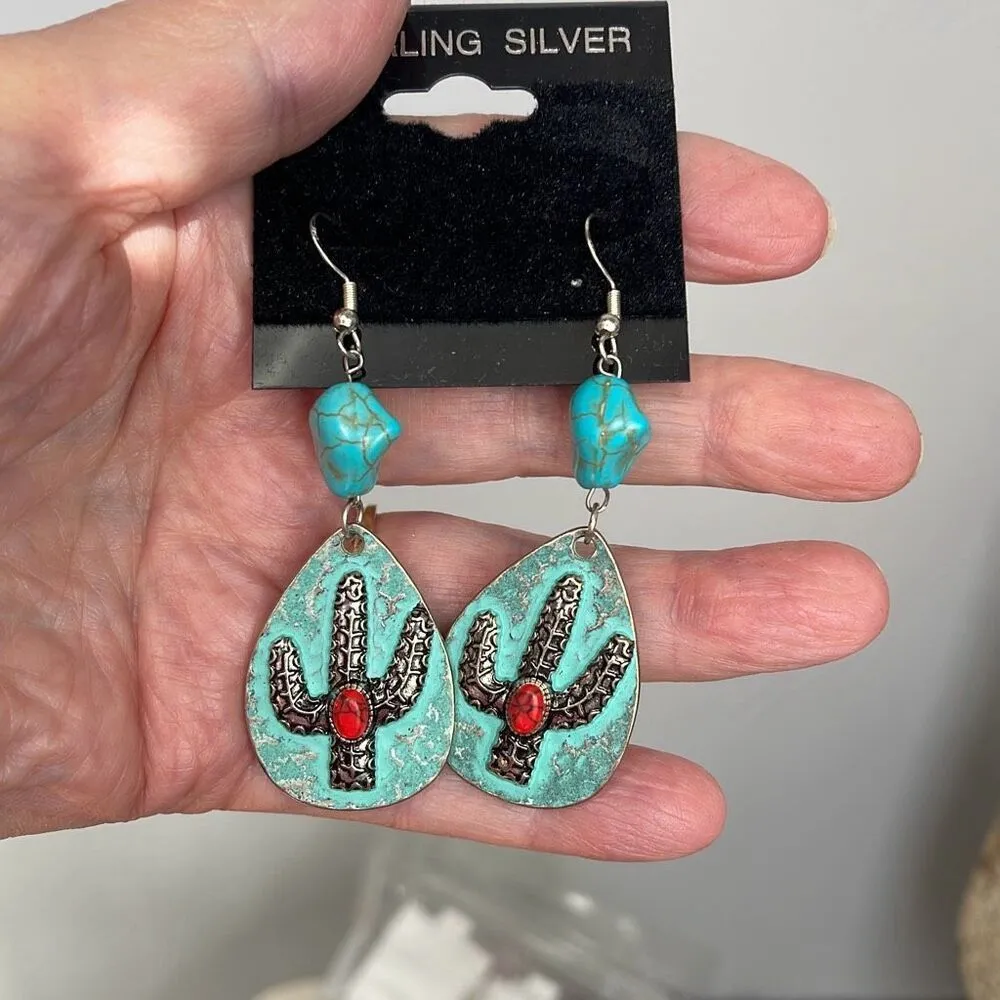NWOT Sterling silver Southwest Howlite turquoise coral earrings - Image 4