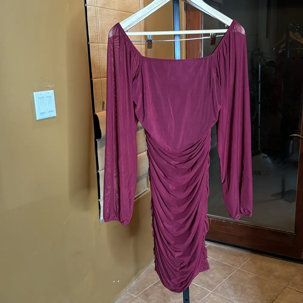 Myone Square Neck Mesh Long Sleeve Ruched Bodycon Cocktail Mini Dress Size Small Red - Image 7