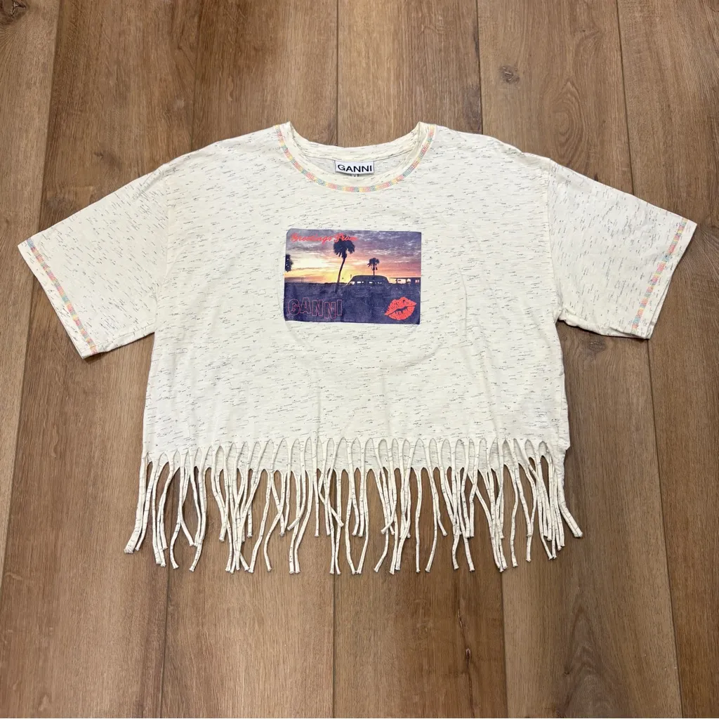 🌟GANNI🌟 CROPPED PHOTO PRINT GRAPHIC FRINGE T-SHIRT TEE IVORY SZ M - Image 3