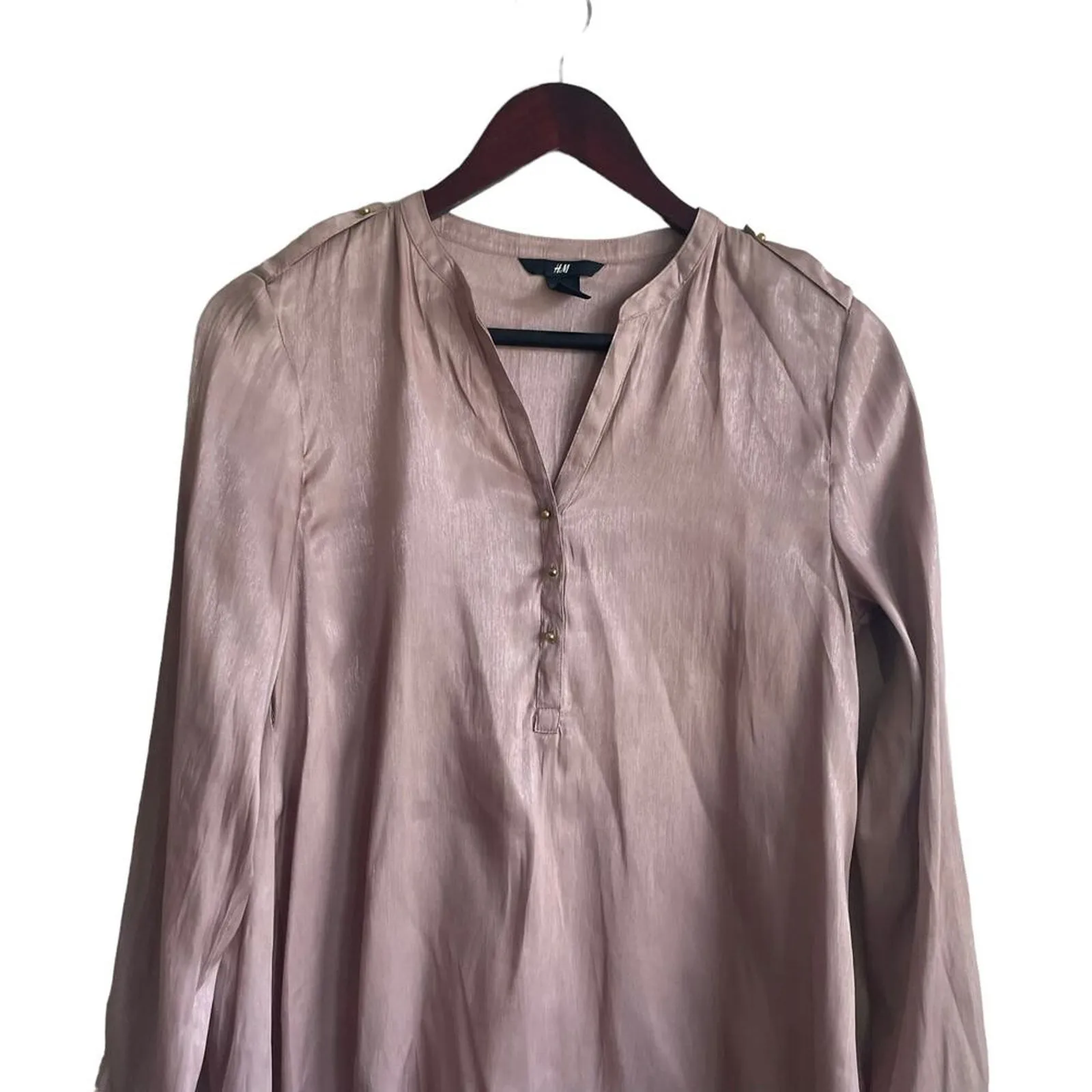 H&M Women Top 10 Taupe High Low Hem Satiny Gather Accent Disco Retro Y2K‎ Flowy - Image 5