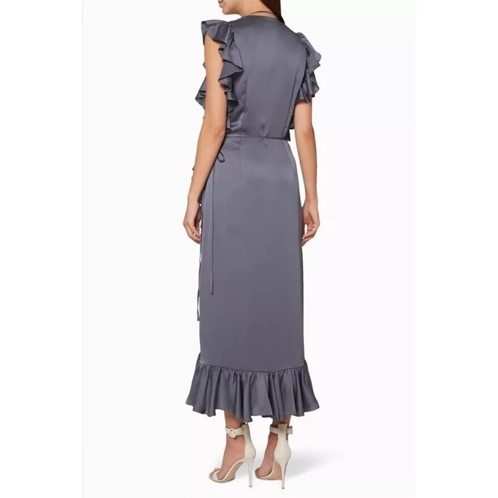 Shona Joy Zephyr Luxe Ruffle Wrap Midi Dress Slate Gray Cap Sleeves Hi-Lo Size 4 - Image 3