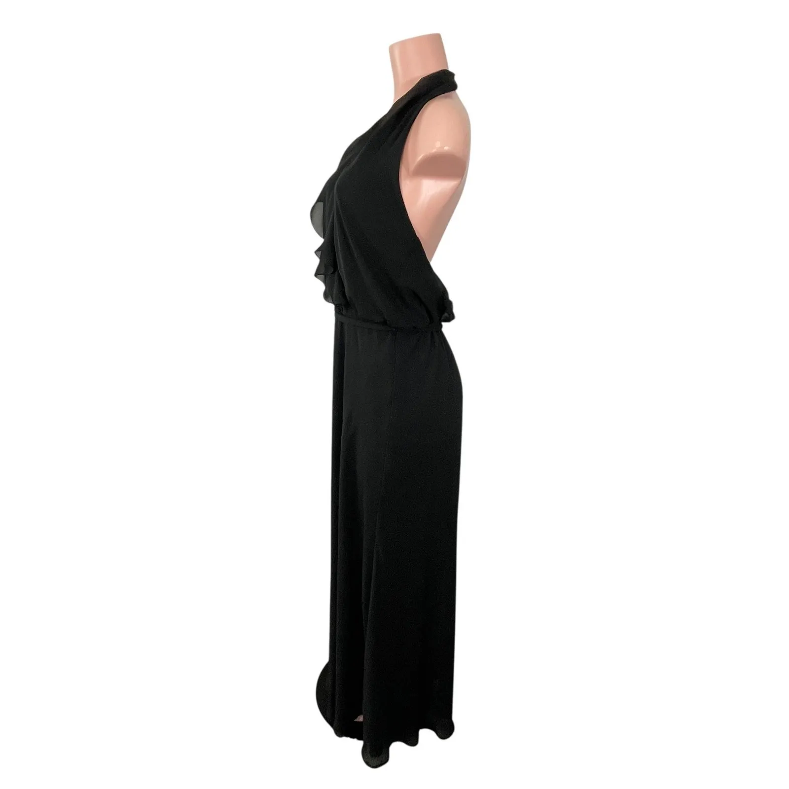 Nouvelle Amsale Black Halter Neck‎ Erica Ruffle Maxi Dress Size MEDIUM Chiffon - Image 5
