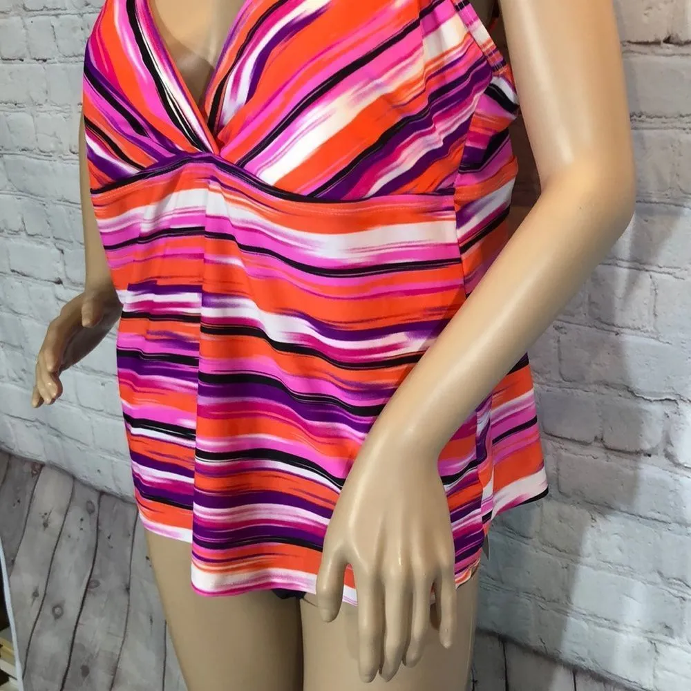 Catalina Pink Purple Striped Plunge Tankini XL - Image 6
