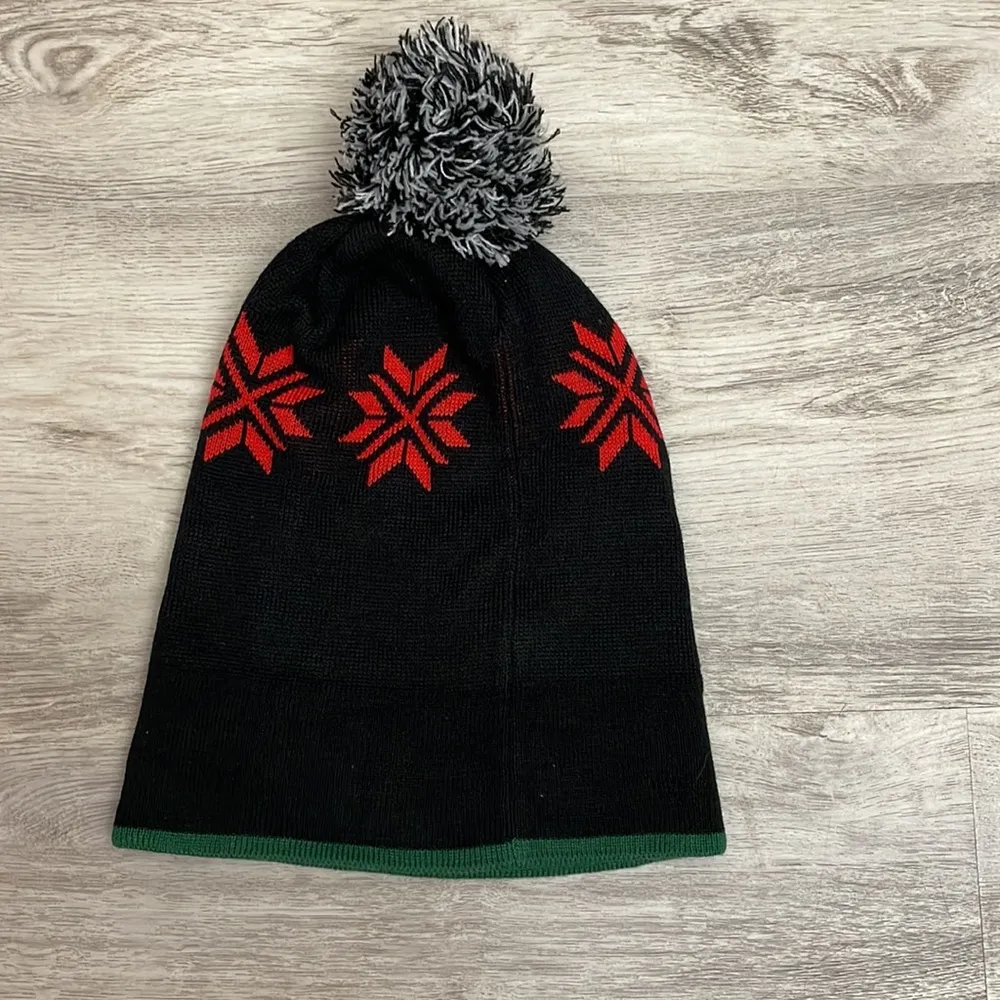 PINK Victoria's Secret Black with White, Red & Green  Knit Beany Hat with Pom - Image 3