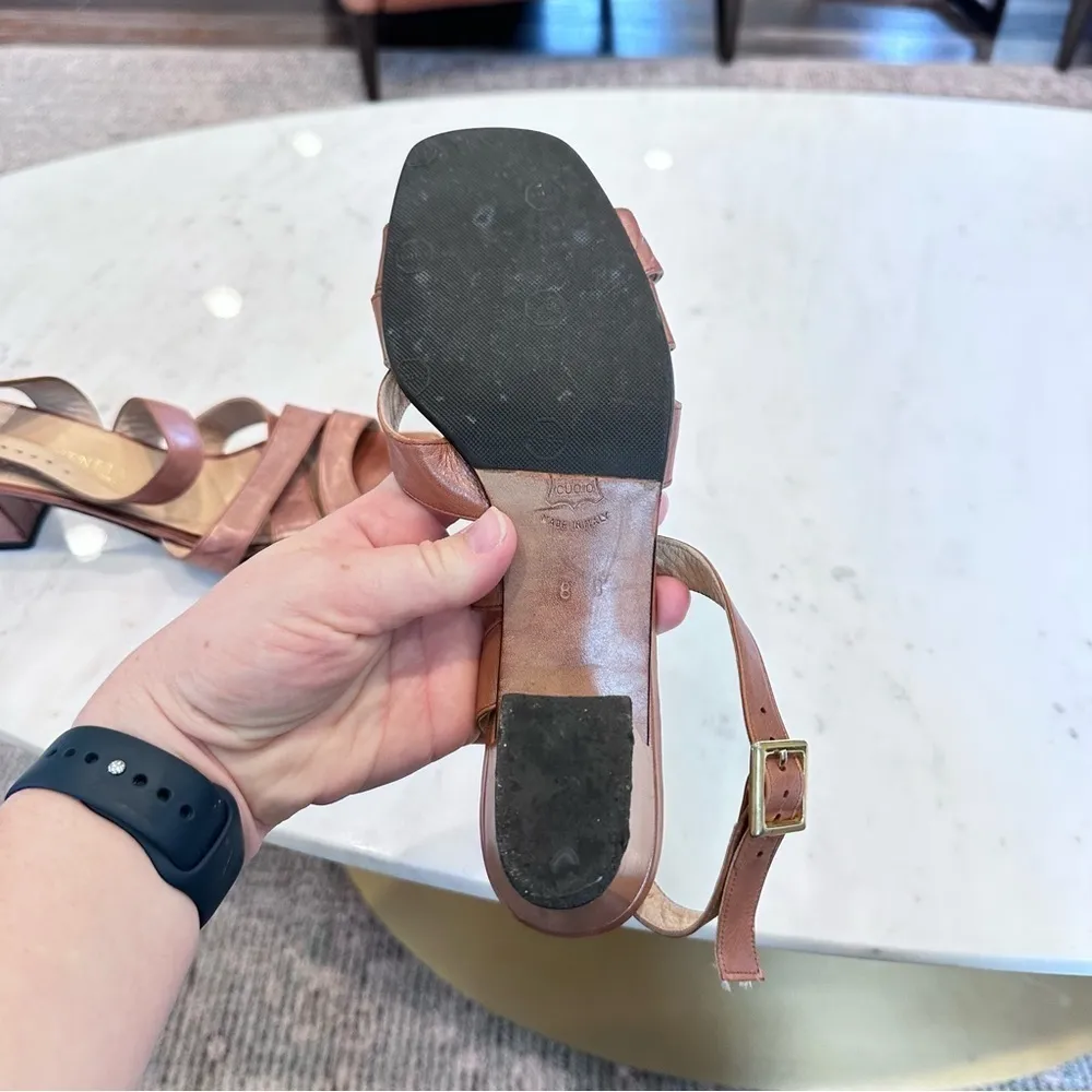 Bottega Veneta Light Brown Leather Strappy Block Heel Sandal with Gold Buckle 8B - Image 10