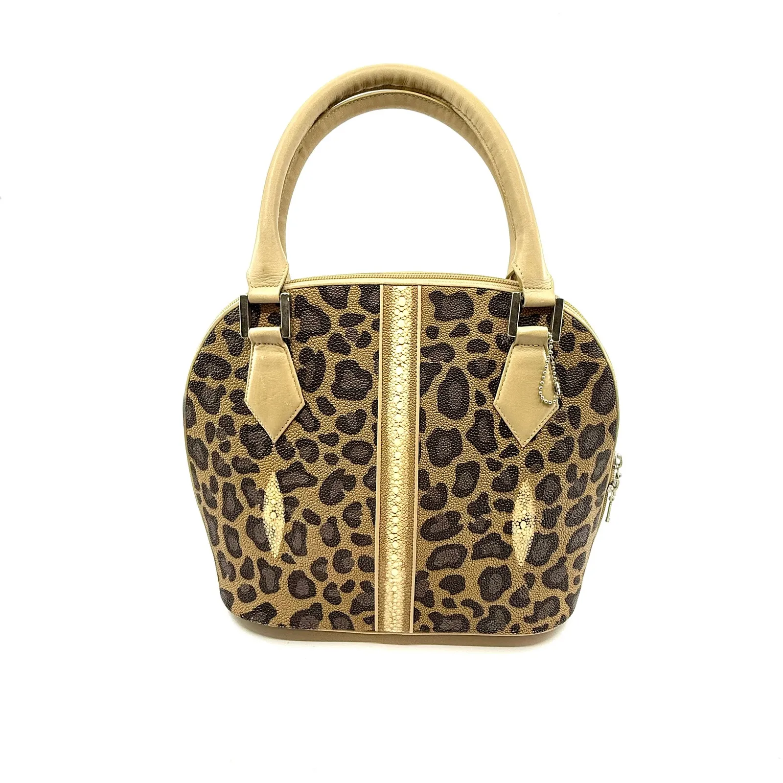 Genuine Stingray Exotic‎ Leather Leopard Print Satchel Handbag Purse, Gold Trim Brown - Image 3