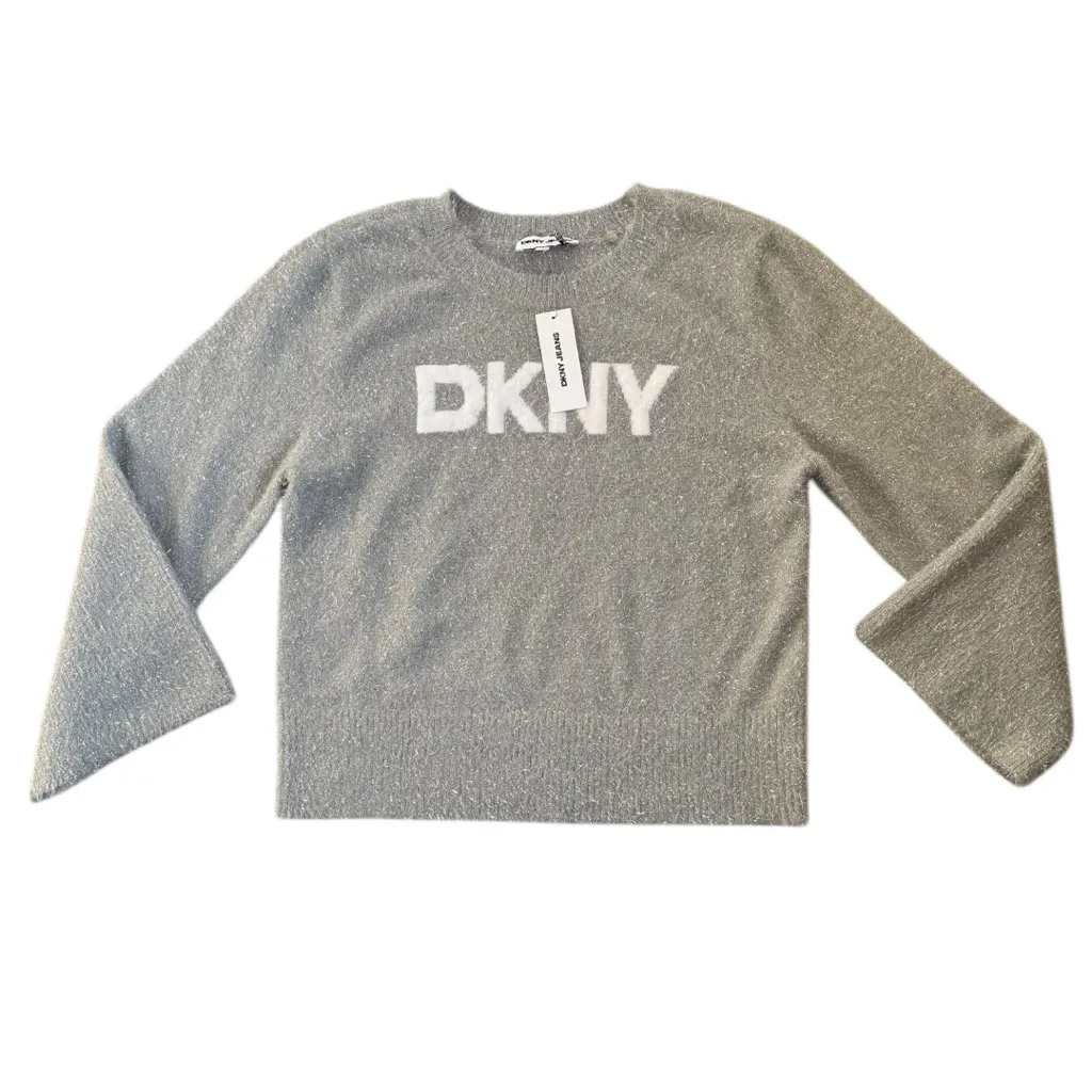 NEW DKNY Silver Metallic Crew Neck Sweater Boxy Bell Sleeve Size XL - Image 4