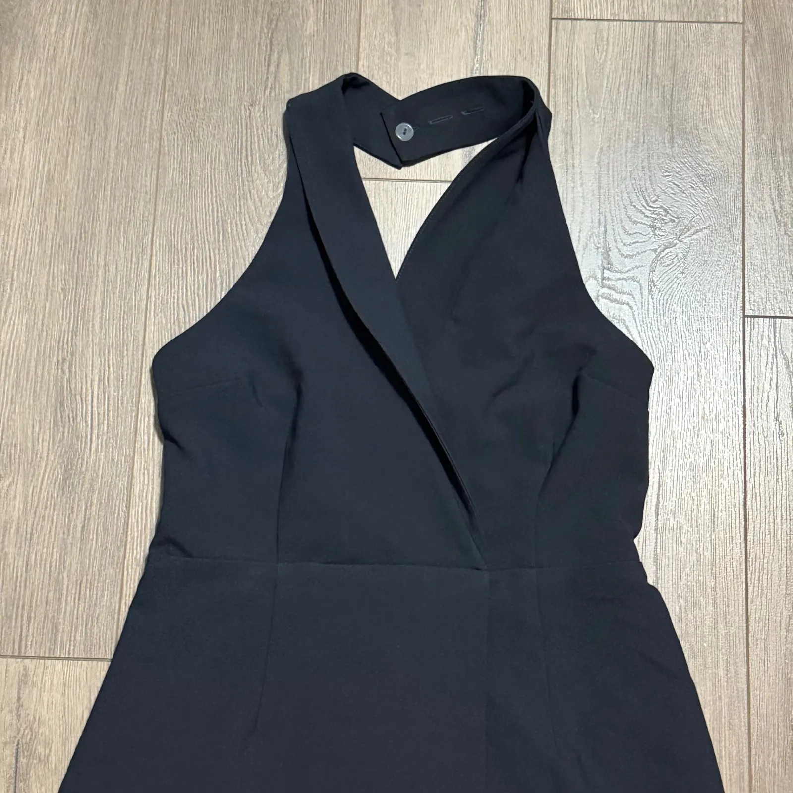 Black Halter Neck Dress Romper Tuxedo Collar Wrap Style Shorts Size Medium NEW - Image 3