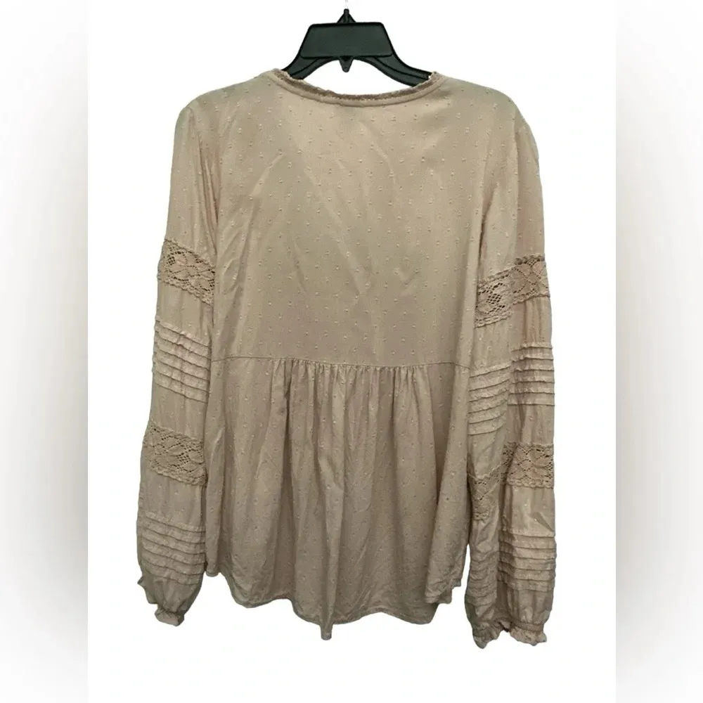 Sundance Spirit Lake Pin Tuck Pleated Relaxed Fit Blouse Lace Detail Size Large - Image 2