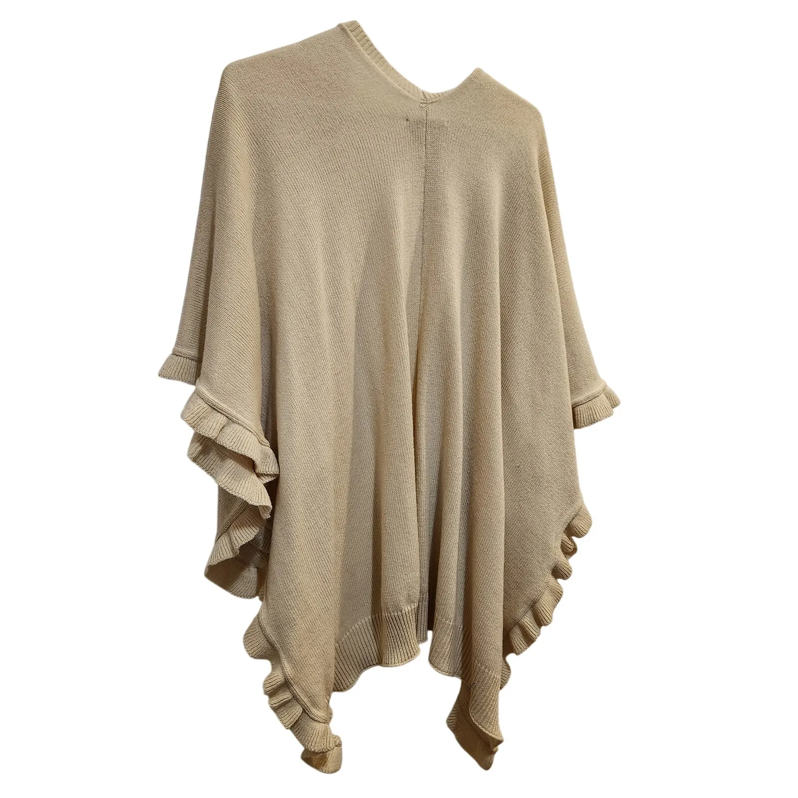 Charlie Paige Cream Open Front Ruffled Knit Poncho Cardigan Sweater One Size - Image 2