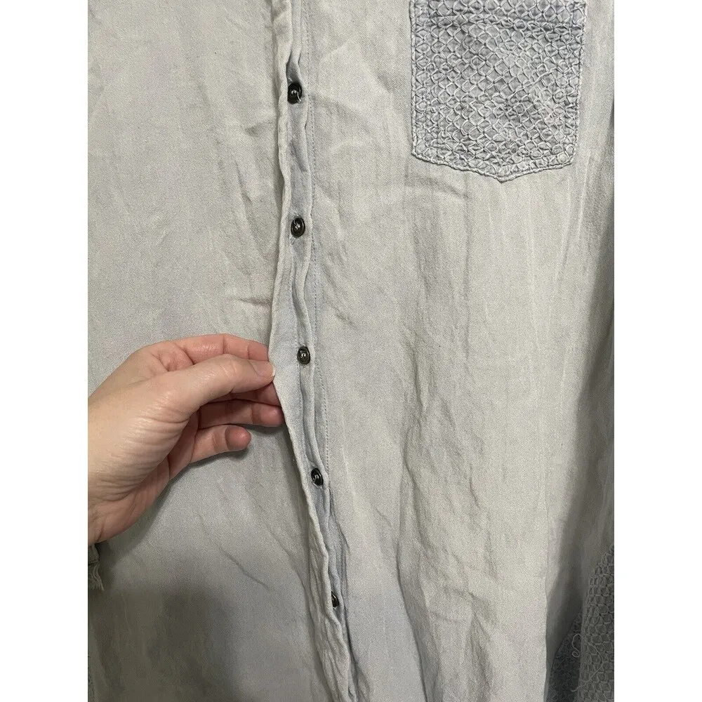 Umgee  Women Fringe Hem Button Down Shirt Gray Blue Wash 3/4 Sleeve Boho  XL - Image 7