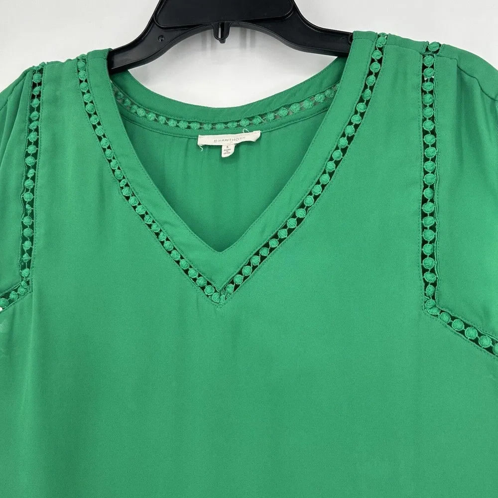 41 Hawthorn Carla Crochet Detail Blouse Top Green Cap Sleeves V Neck Size S - Image 2