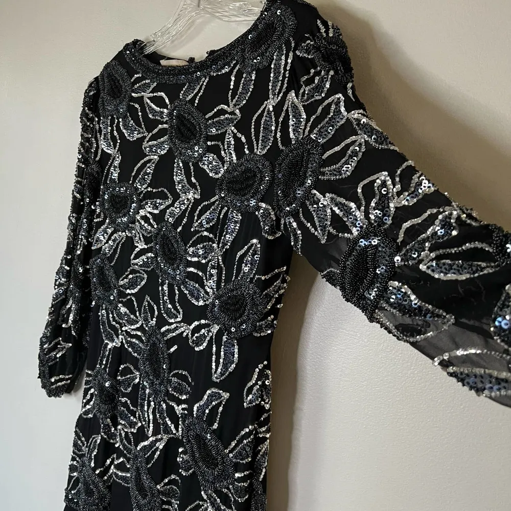Vintage Sequins Drop Waist Dress Tiered Skirt Black Size Large - Image 3