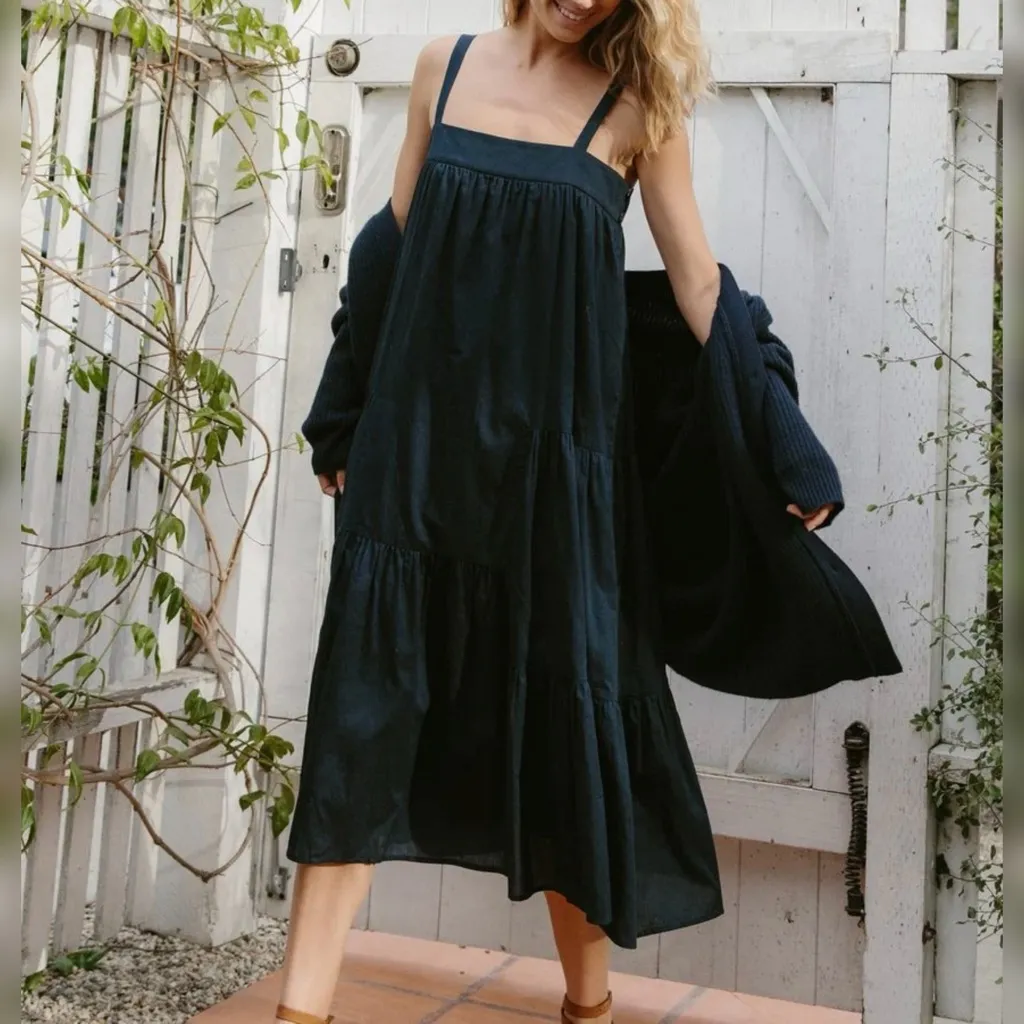 Jenni Kayne Summer Dress Square Neckline Tiered Linen Blend Black Sz S - Image 7