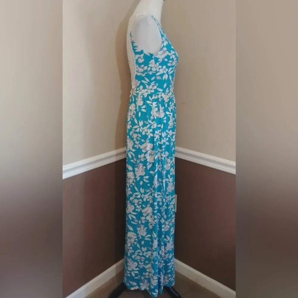 Turquoise Floral Crochet Back Lightweight Flowy Maxi Dress by Gilli Modcloth S Blue - Image 5