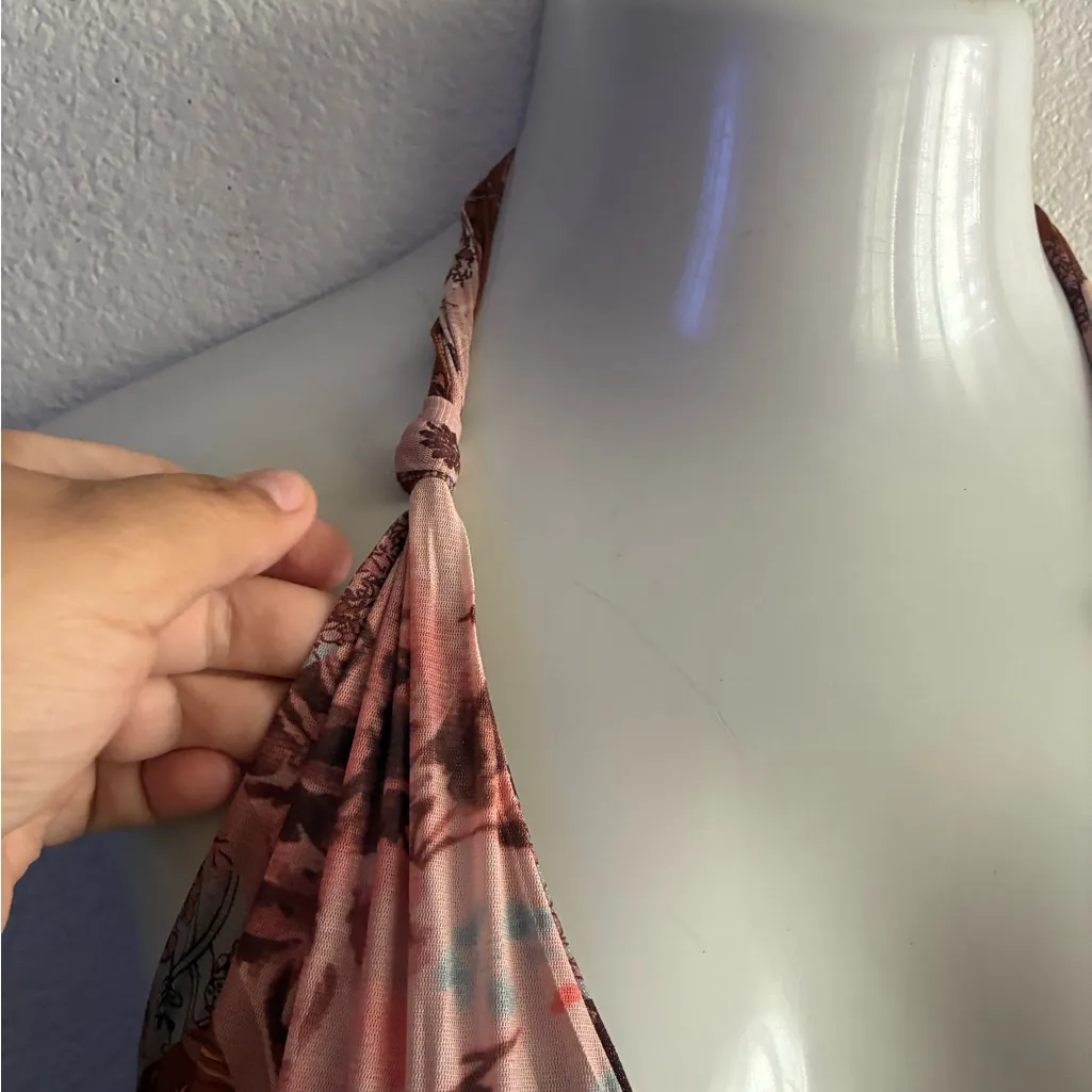 SheIn  Y2K Floral Halter Boho Backless Rusty Orange Patchwork Mini Dress S - Image 5