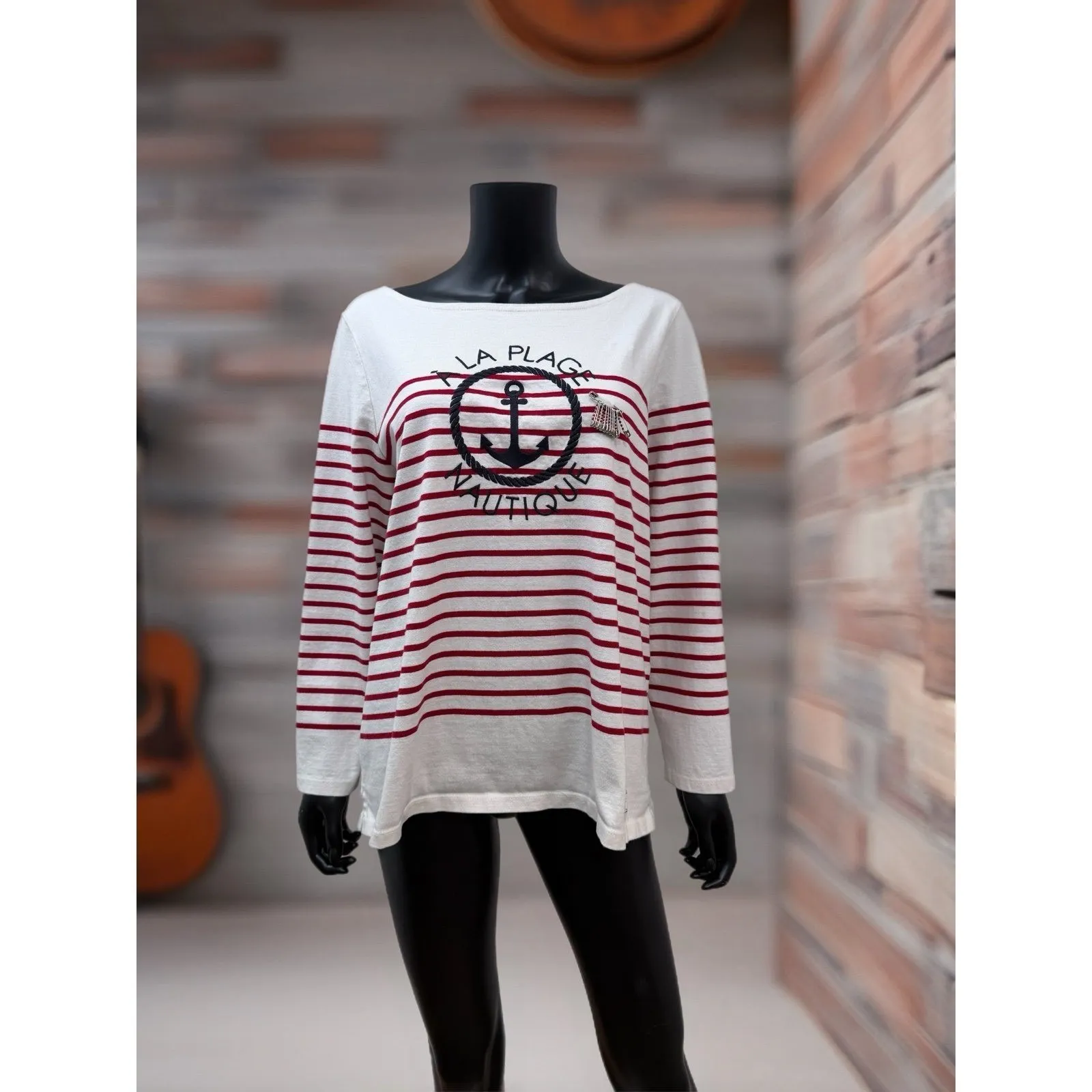 Talbots Nautique Anchor Striped Boatneck Top Red White Long Sleeve 2X‎ Petite - Image 3