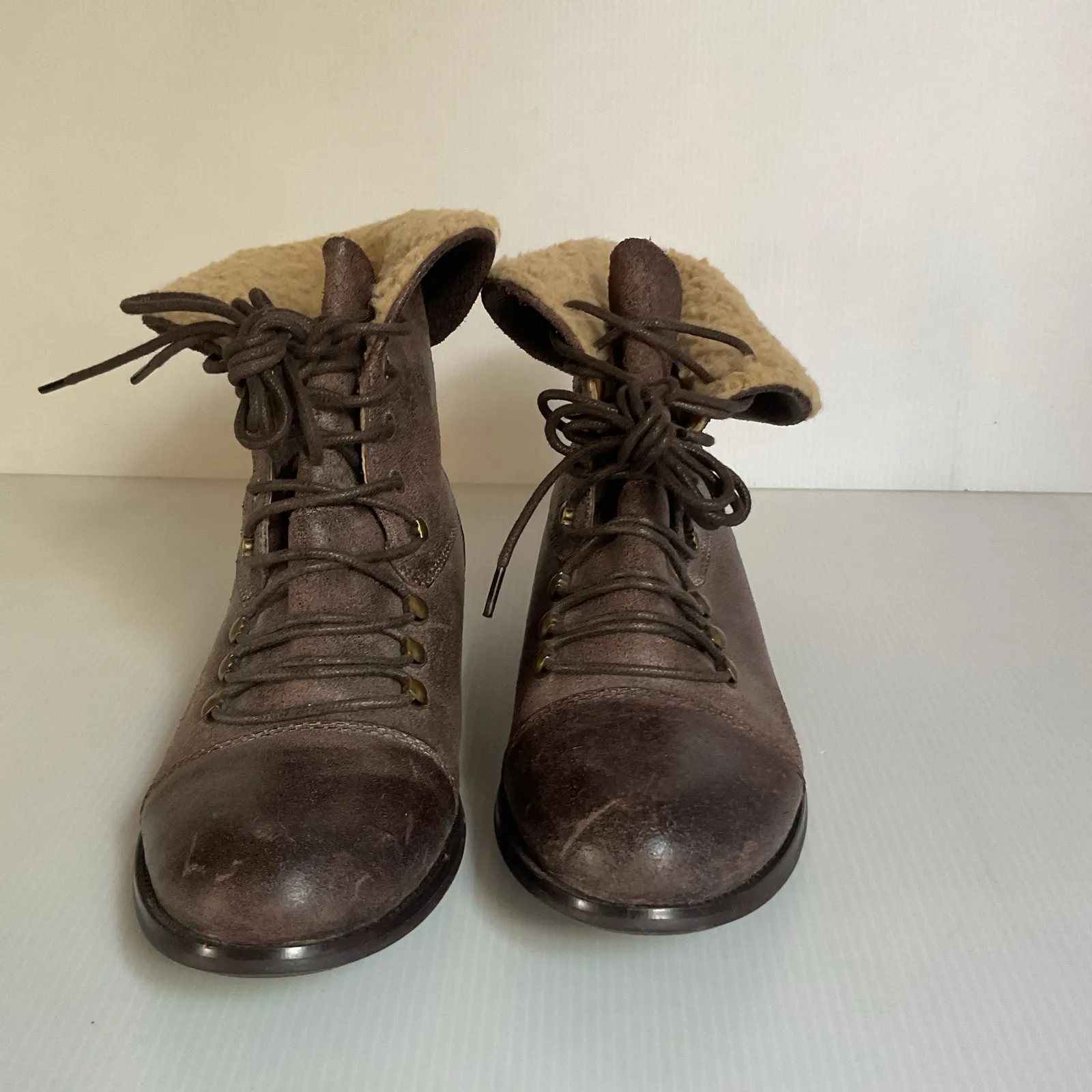 Miz Mooz Hiro Brown Leather Ankle Boots Faux Fur Lined Lace Up Women’s 6.5 - Image 3