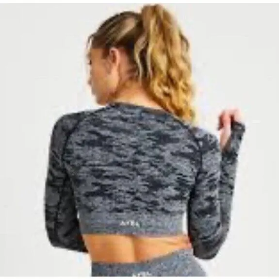 AYBL Evolve Seamless Camo Long Sleeve Crop Top Sz S Black Gray Compression‎ - Image 2