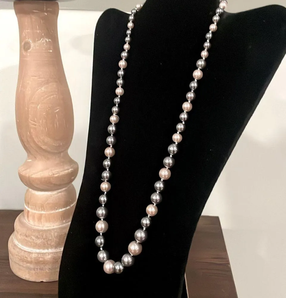 Vintage Graduated Gray Ivory Faux Pearl Knotted Necklace Sterling Silver Clasp - Image 3