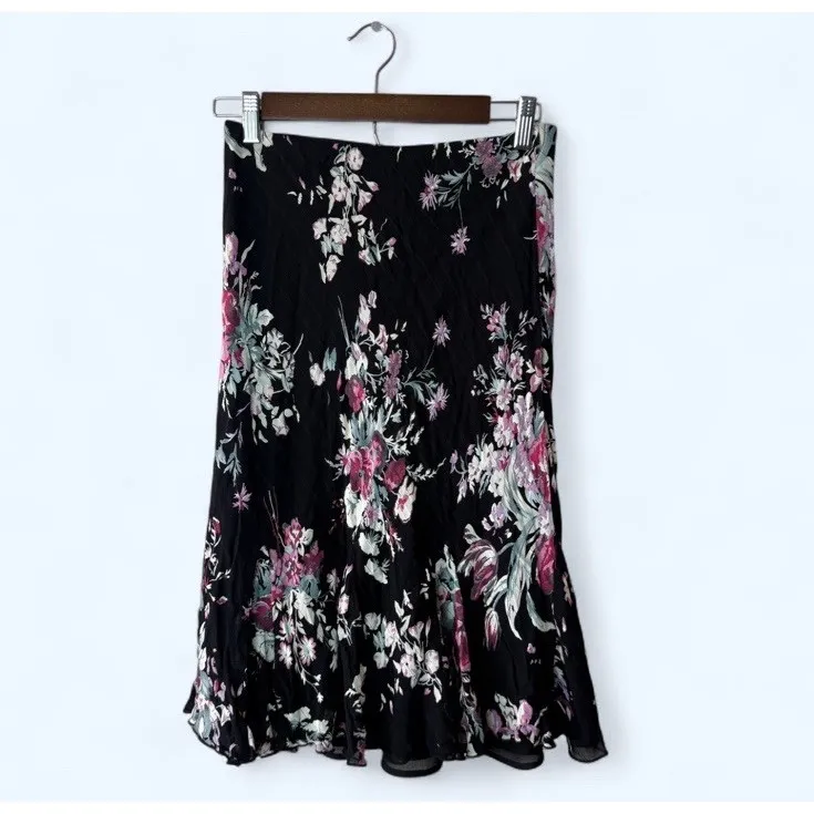 Y2K Floral Midi Skirt Black Flowy Ruffle Hem Vintage Boho Skirt S Low Rise - Image 2