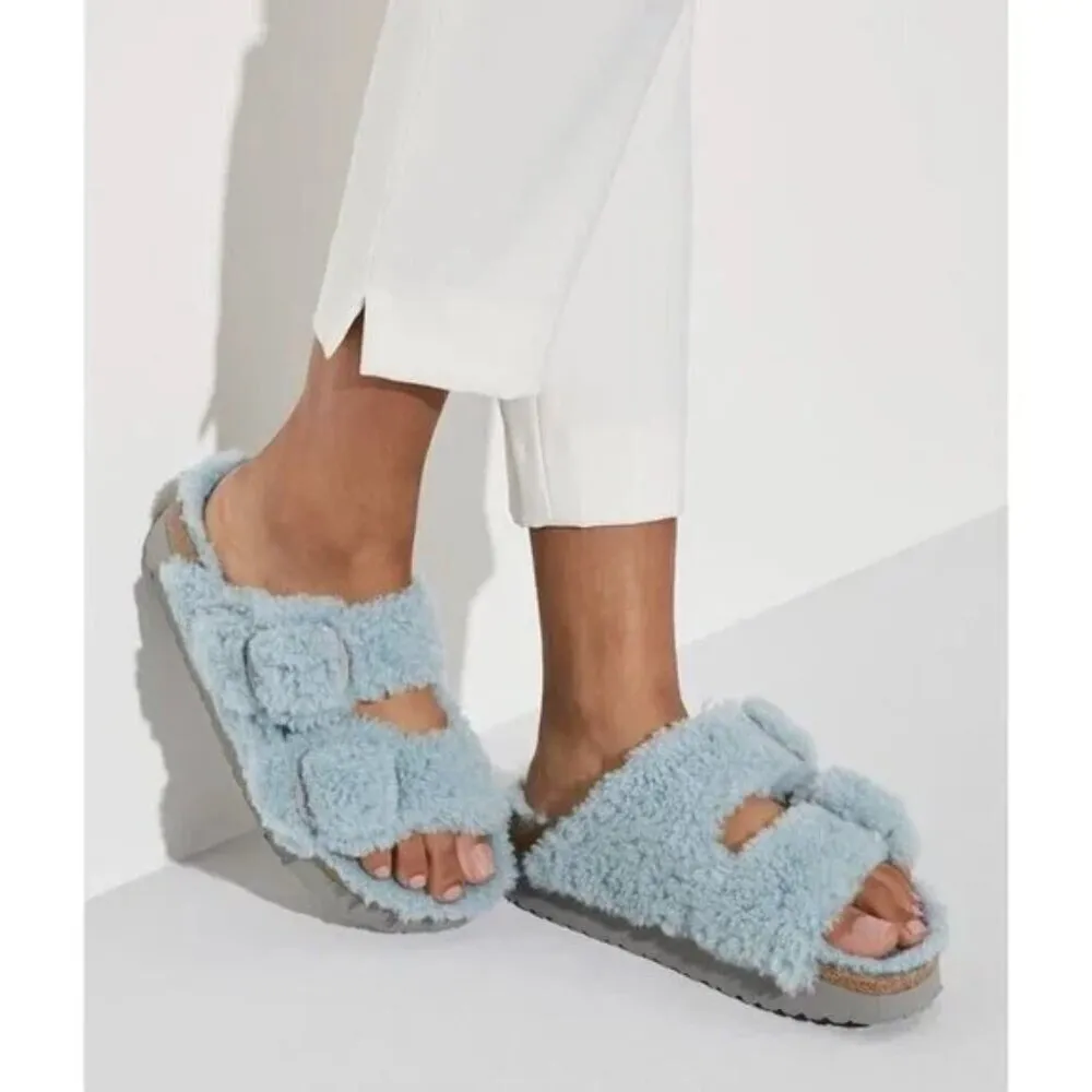 BIRKENSTOCK Arizona Big Buckle Genuine Shearling Slide Sandal in Faded Aqua - Image 2