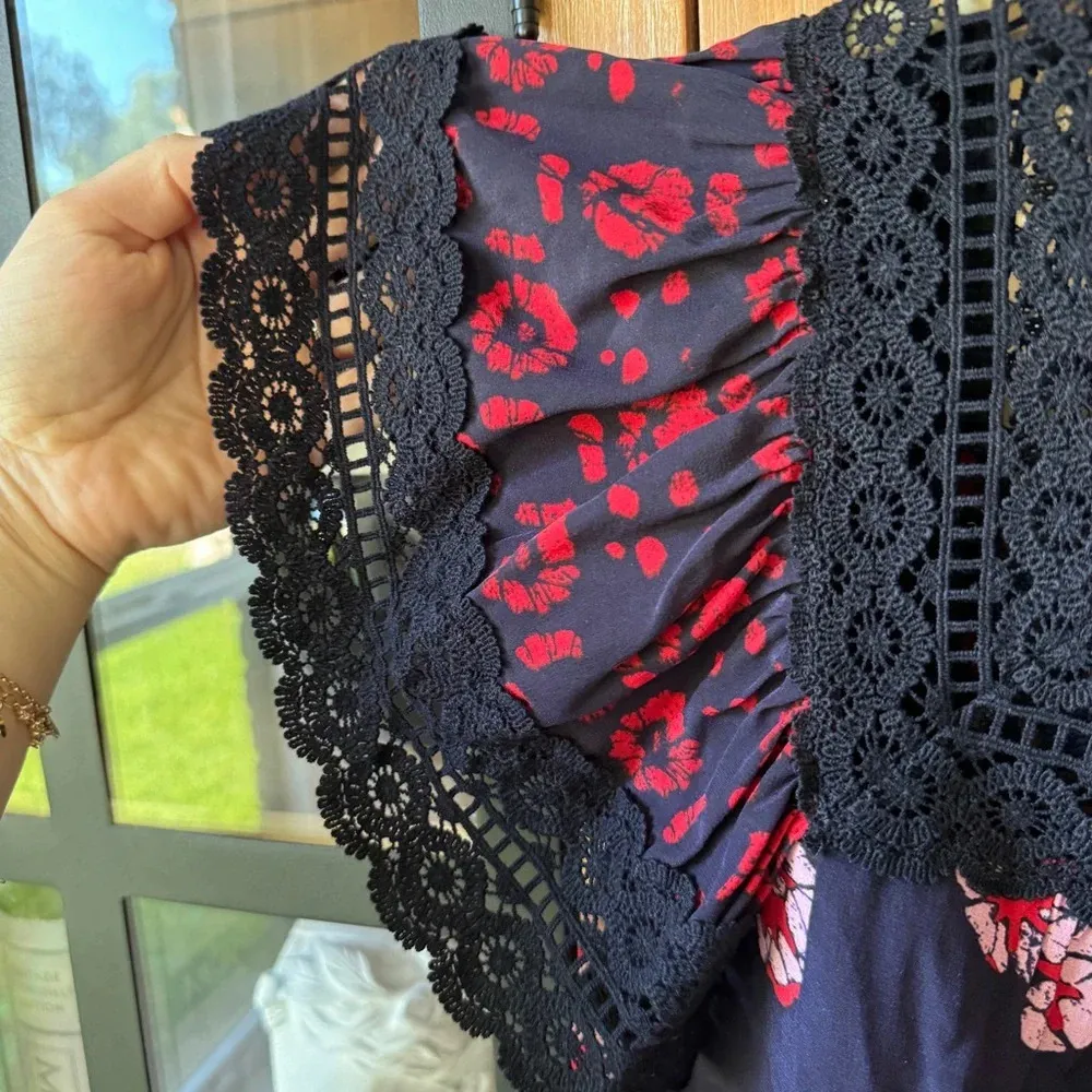 SEA New York Blouse Blue Silk Floral Print Lace eyelet ruffles Sleeve embroider Size XS - Image 4