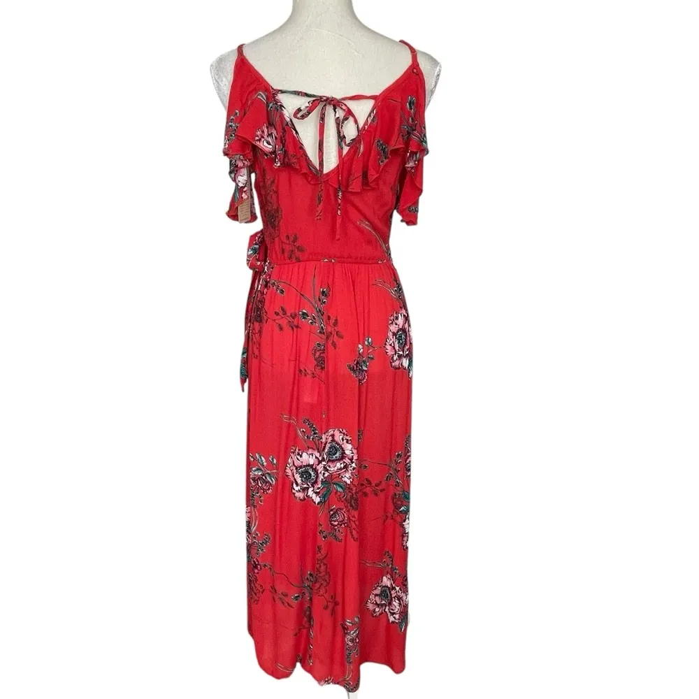 Revolve | Band of Gypsies Shadow Floral Faux Wrap Dress Red Peach Ruffle Boho - Image 6