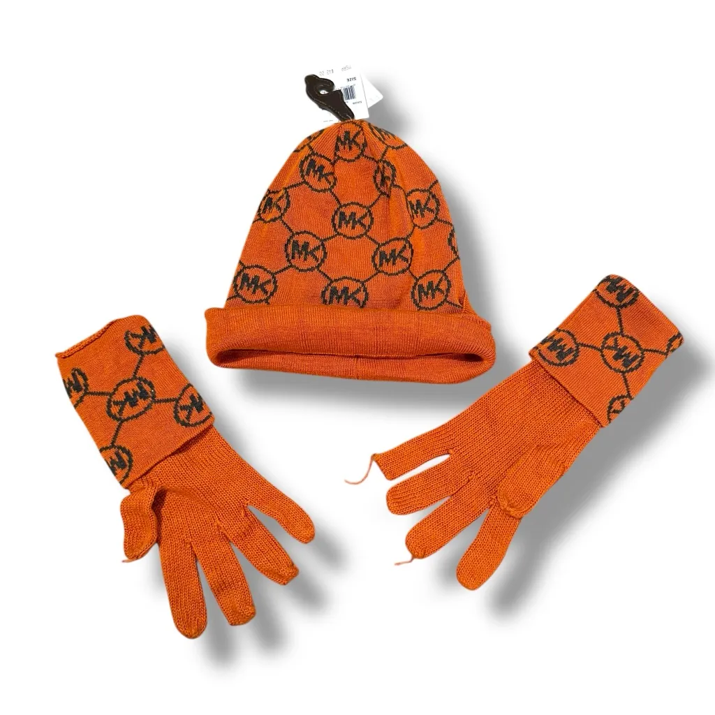 Michael Michael Kors Orange Logo Hat‎ & Gloves Set NEW - Image 2