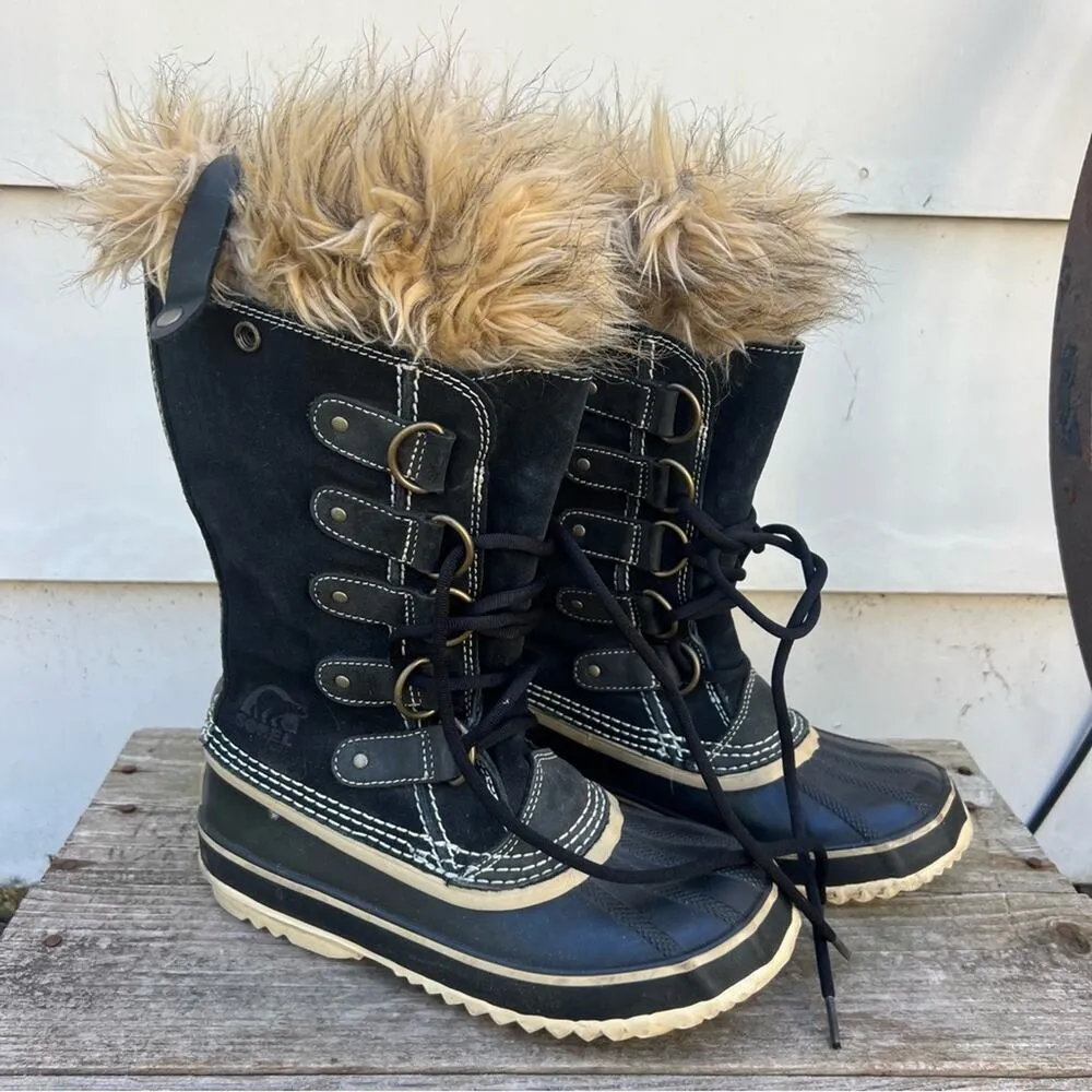Sorel Joan of Arc Black Furry Snow Winter Lace Up Boots NL1540-010 Size 6 - Image 3