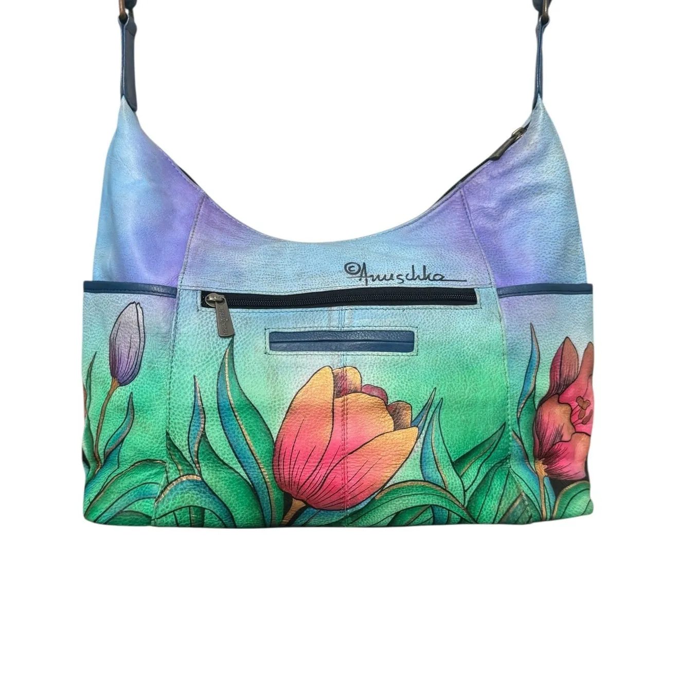 NWT! Anuschka Hand Painted Tulips Leather Hobo Handbag with Card Wallet - Image 2