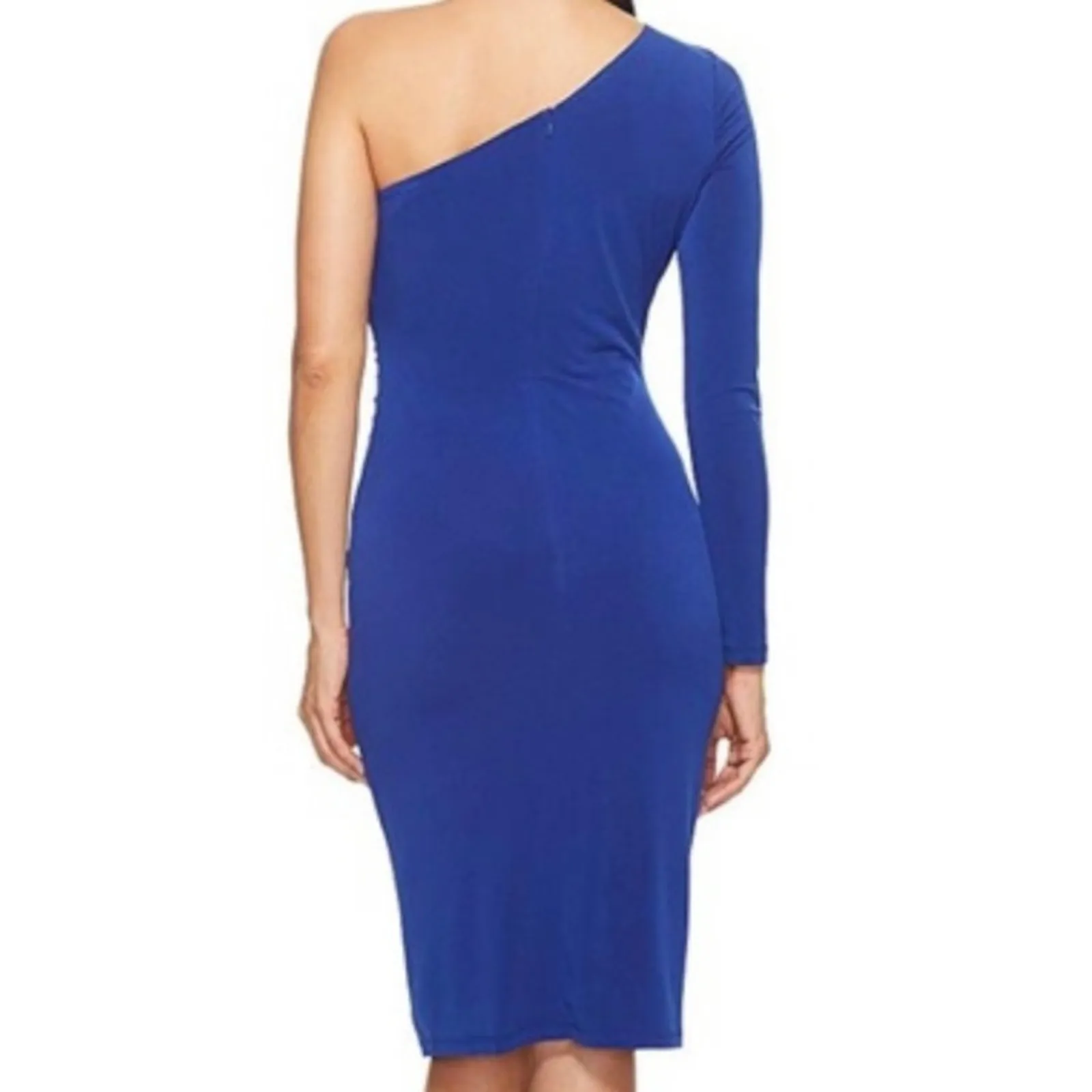 Maggy London Midi Fitted Ruched One Shoulder Purple Dress 10 - Image 2