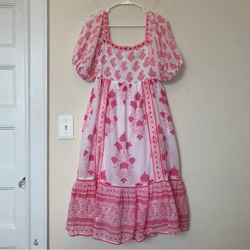 OLIPHANT Floral Block Print Puff Sleeve Midi Dress Jaipur Pink/White Small READ White - Image 3