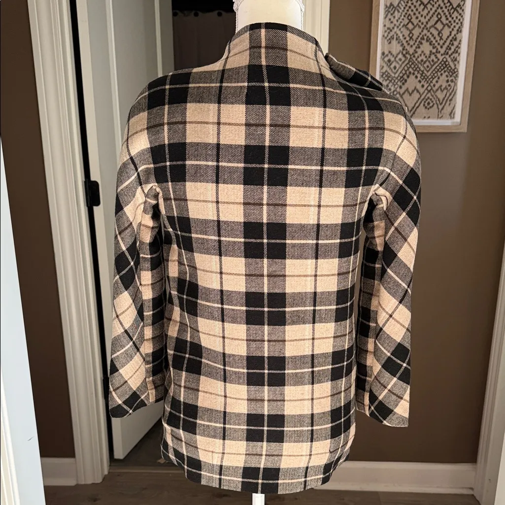 KATE SPADE Tan & Black Plaid Wool Blend Jacket Double Breasted Bow Collar Size M - Image 6