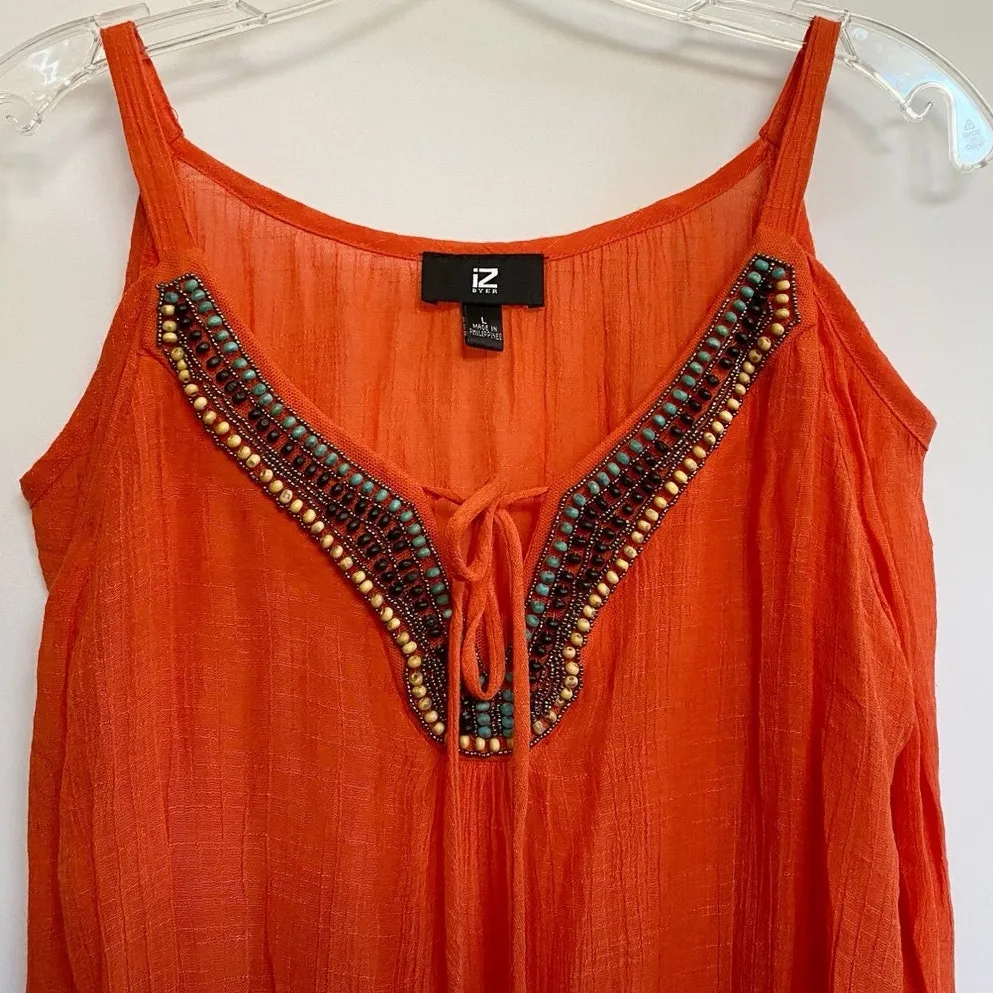 IZ Byer Women's Orange Beaded Front Cold Shoulder Boho‎ Top - L EUC - Image 4