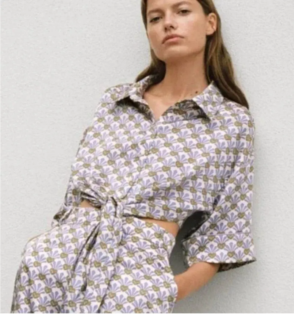 Zara Pineapple Jade Green Purple Satin Pajama Style Cropped Top front tie shirt - Image 2