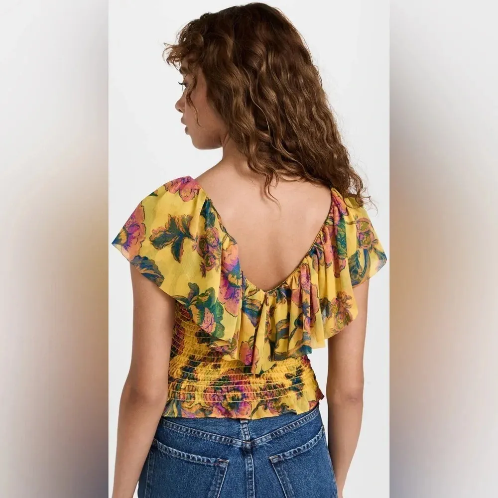 NWT MISA Los Angeles Cara Floral-Print Ruffle Smocked Top in Grand Canary Yellow - Image 3
